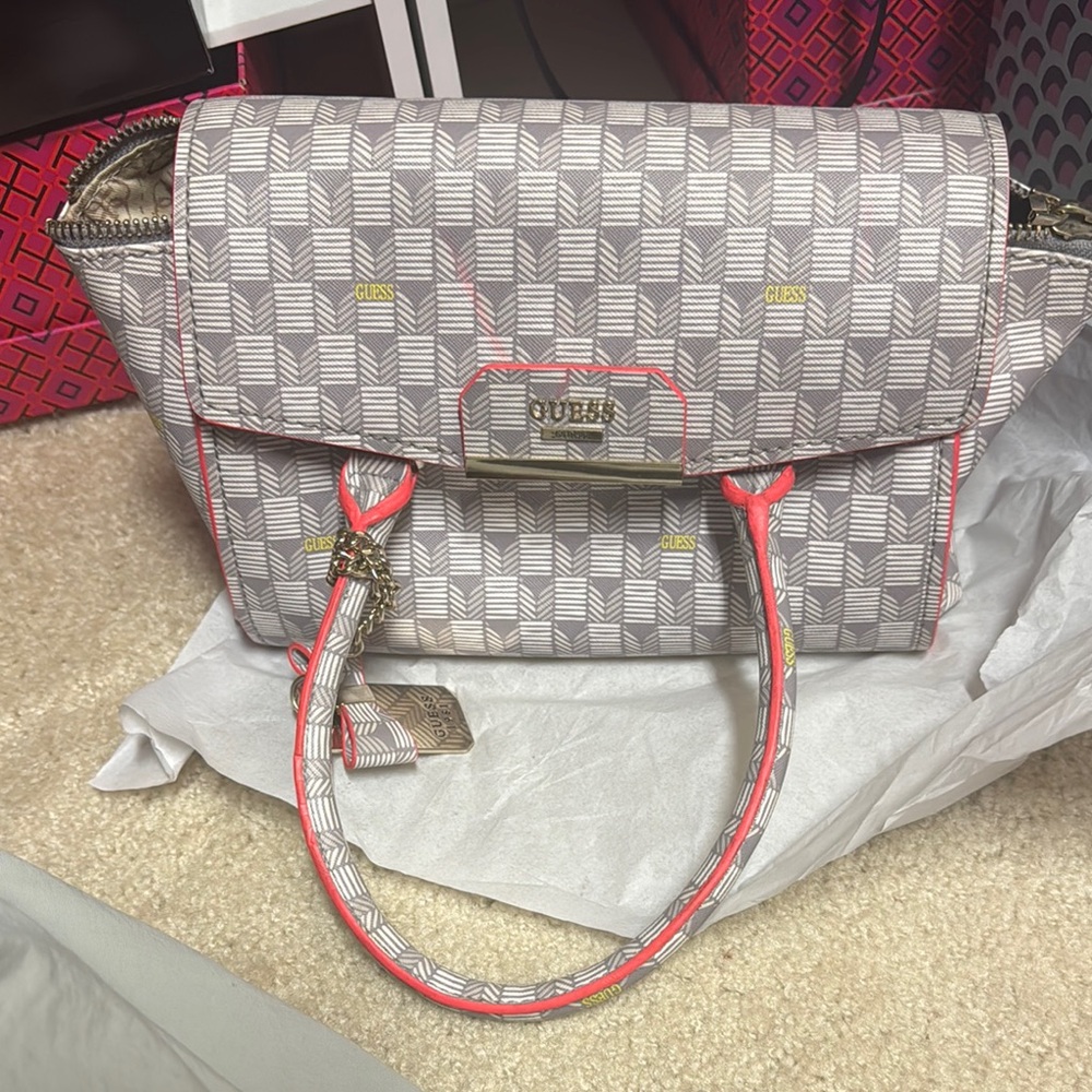 Guess Gray and Pink Satchel with Monogram Design